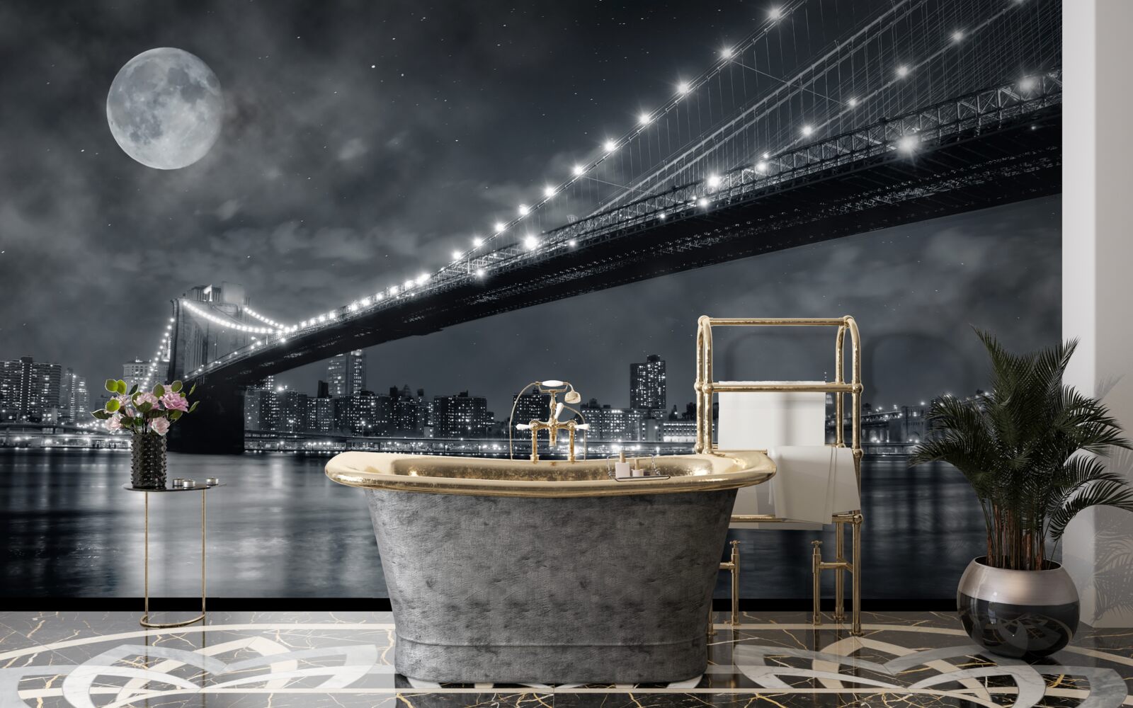 Fototapeta noc i oświetlony most manhattan