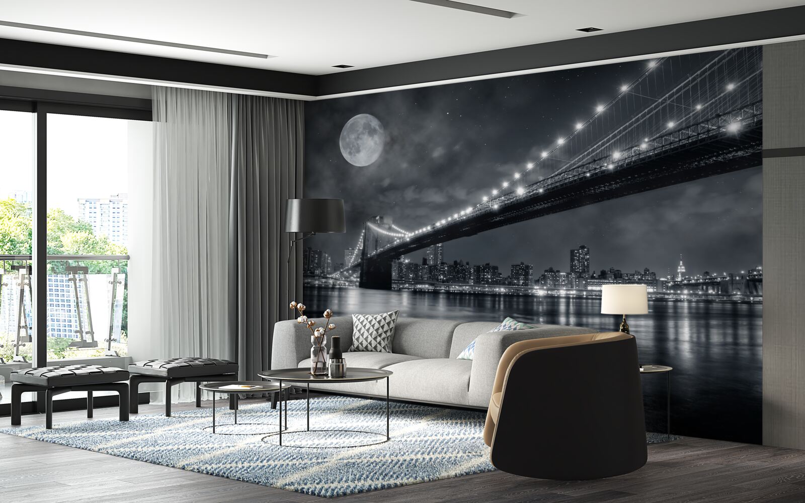 Fototapeta noc i oświetlony most manhattan