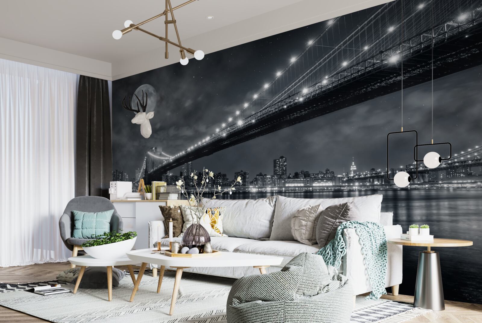 Fototapeta noc i oświetlony most manhattan