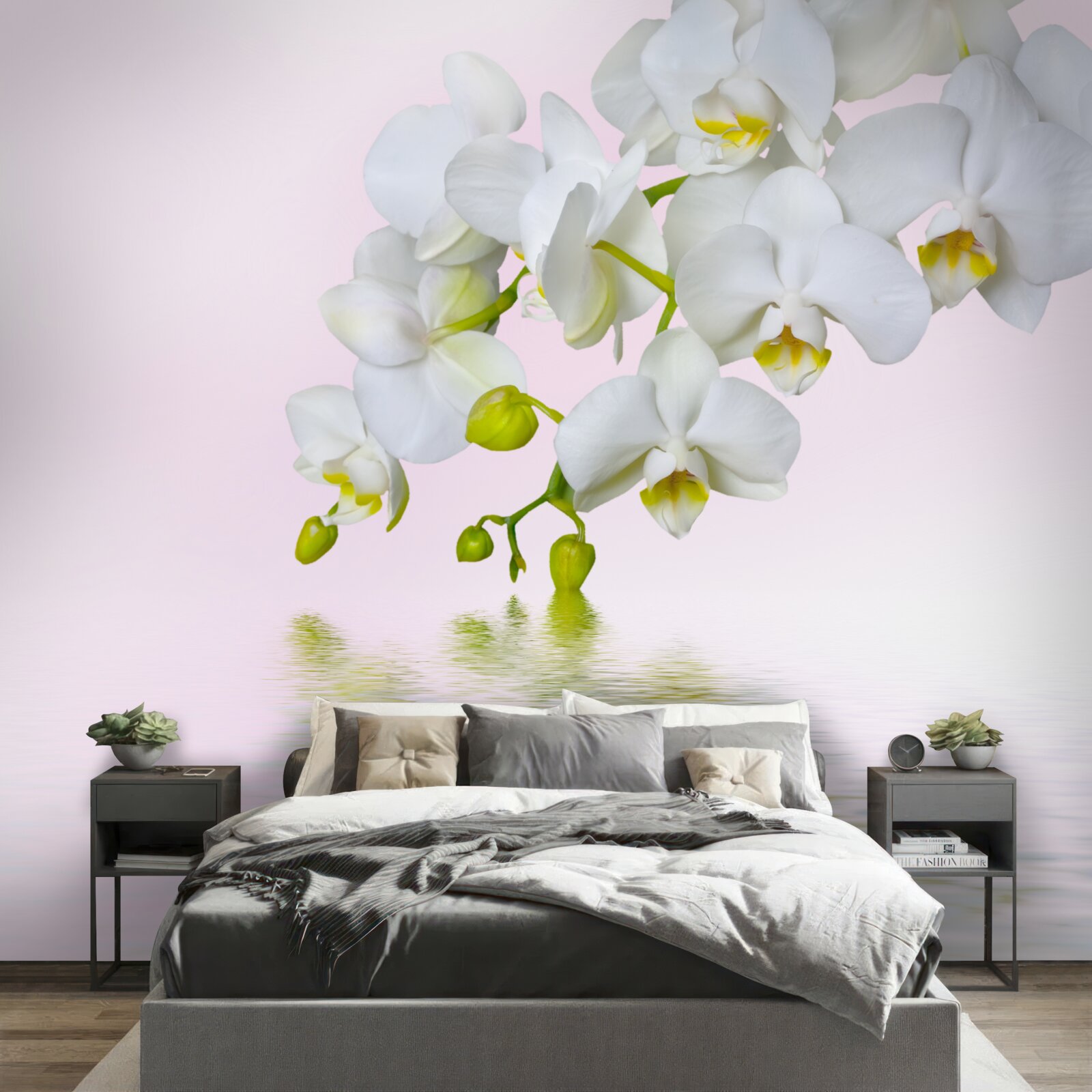 Fototapeta biała orchidea z kwitnącymi kwiatami i pąkami w pobliżu wody