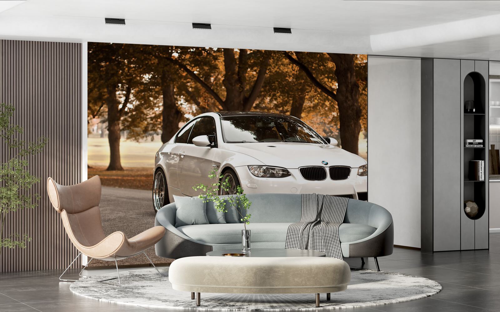 Fototapeta jesienią po drodze jedzie białe bmw