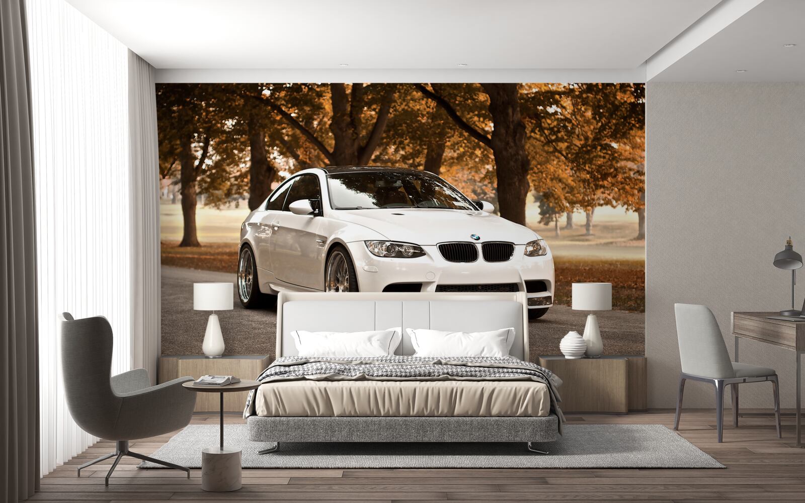 Fototapeta jesienią po drodze jedzie białe bmw