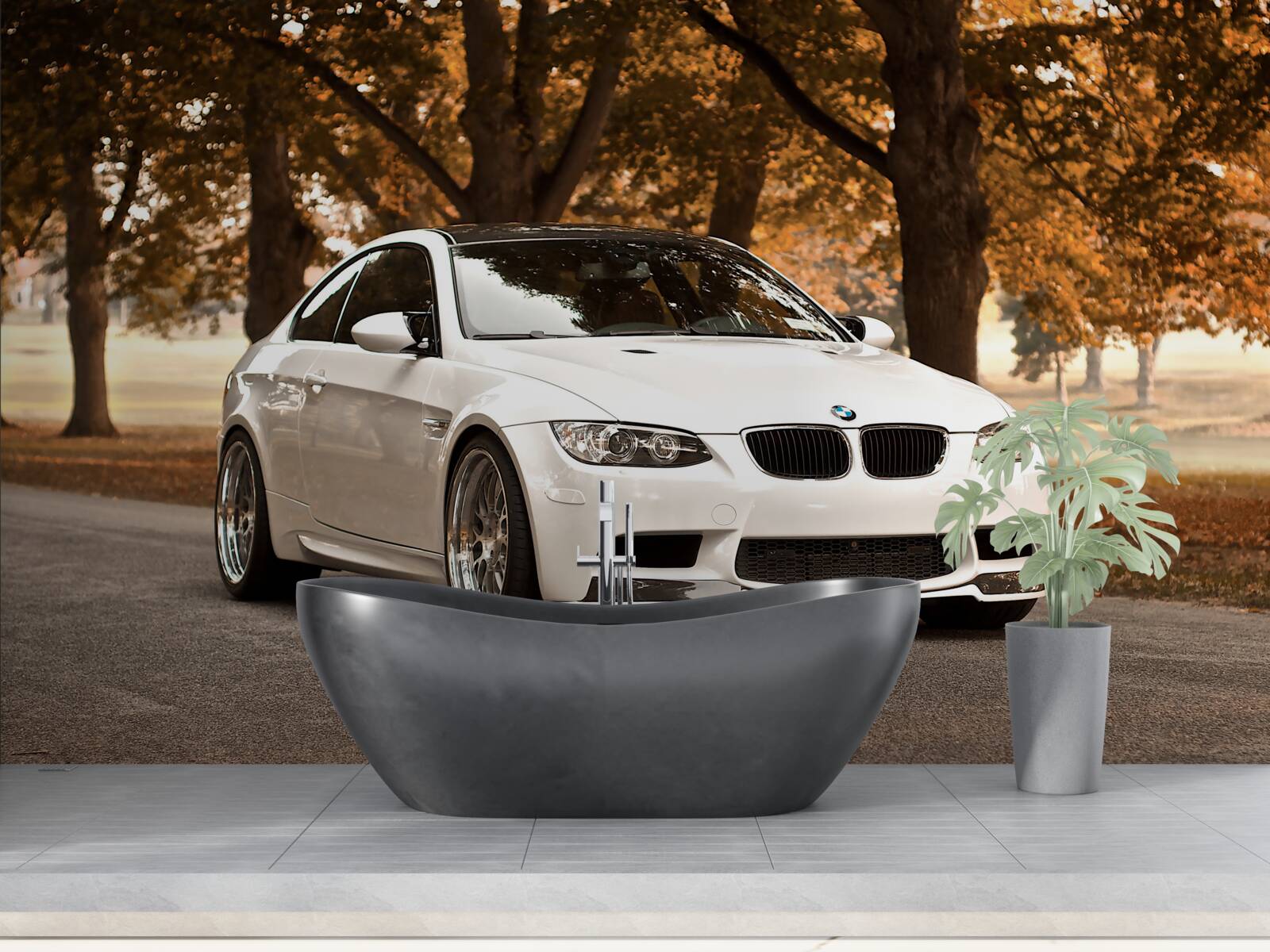 Fototapeta jesienią po drodze jedzie białe bmw