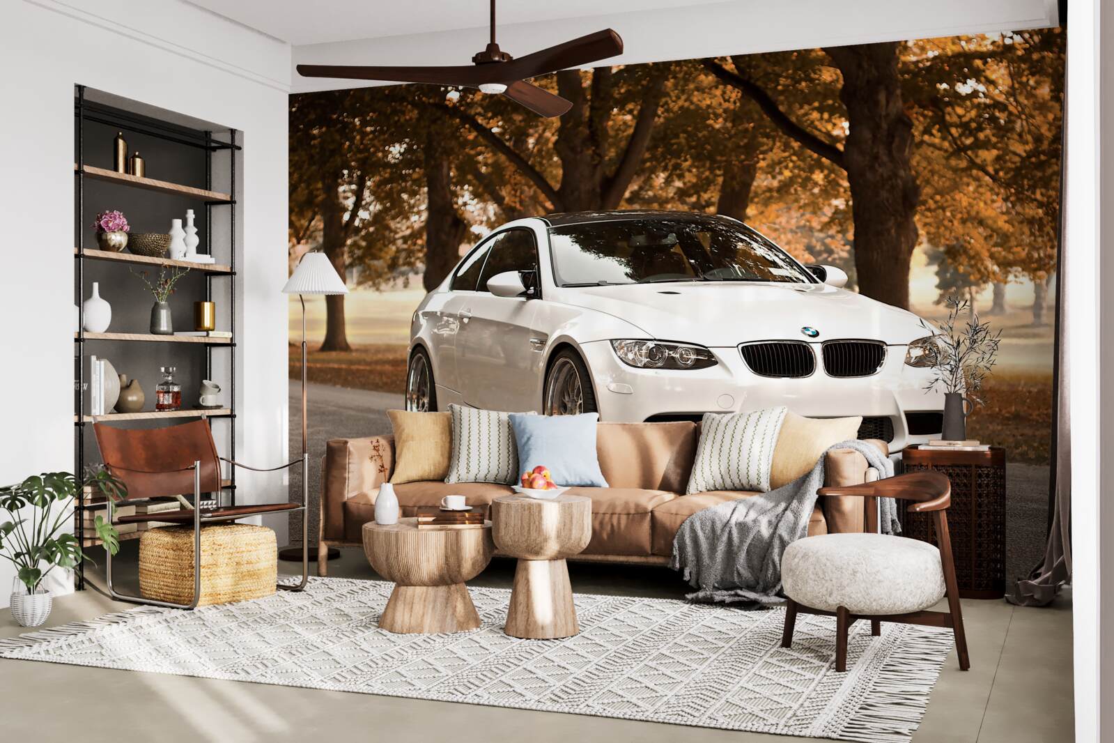 Fototapeta jesienią po drodze jedzie białe bmw