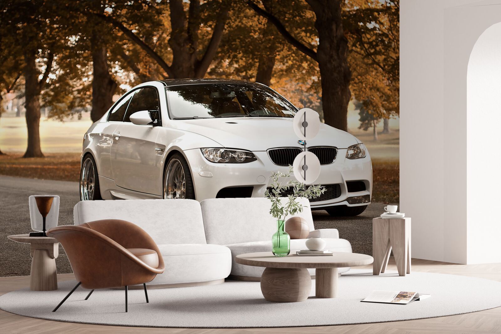 Fototapeta jesienią po drodze jedzie białe bmw