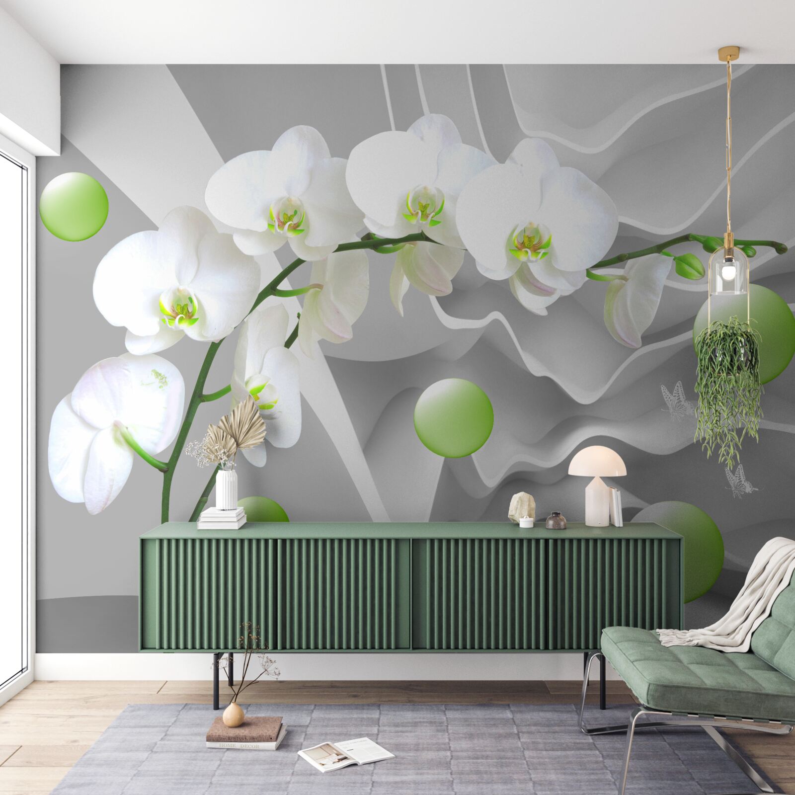Fototapeta potajemnie pływające zielone kulki i blada orchidea