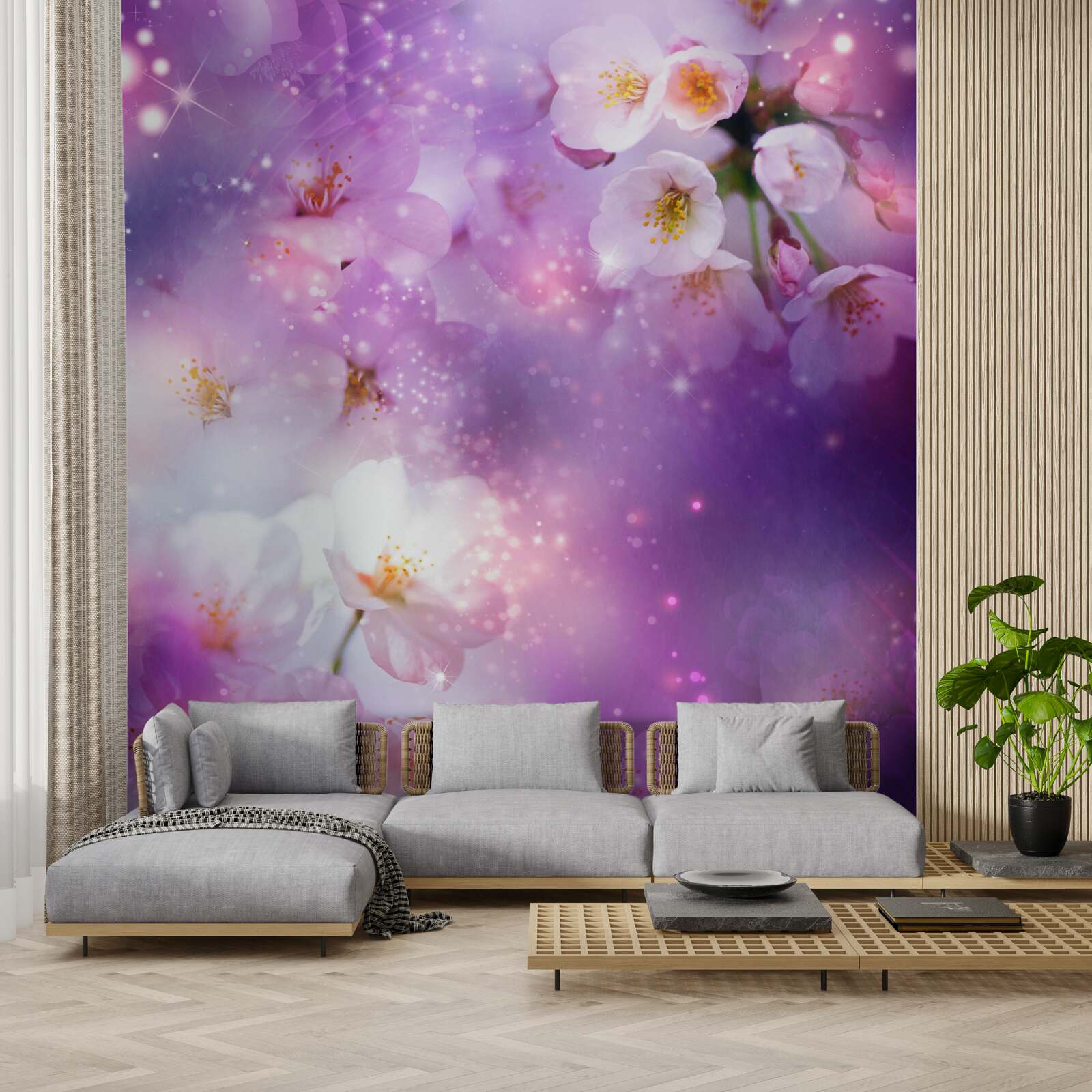 Fototapeta jasne kwiaty na liliowym tle