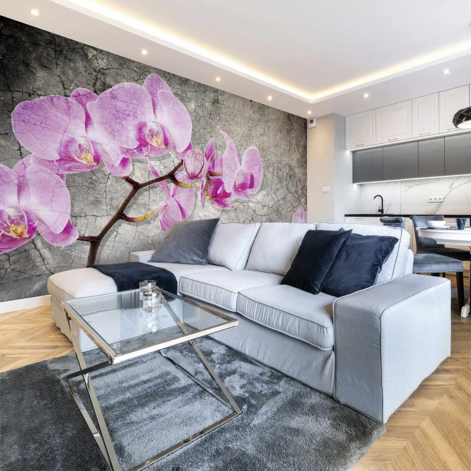 Fototapeta gałęzie orchidei w kolorze liliowym na szarym tle