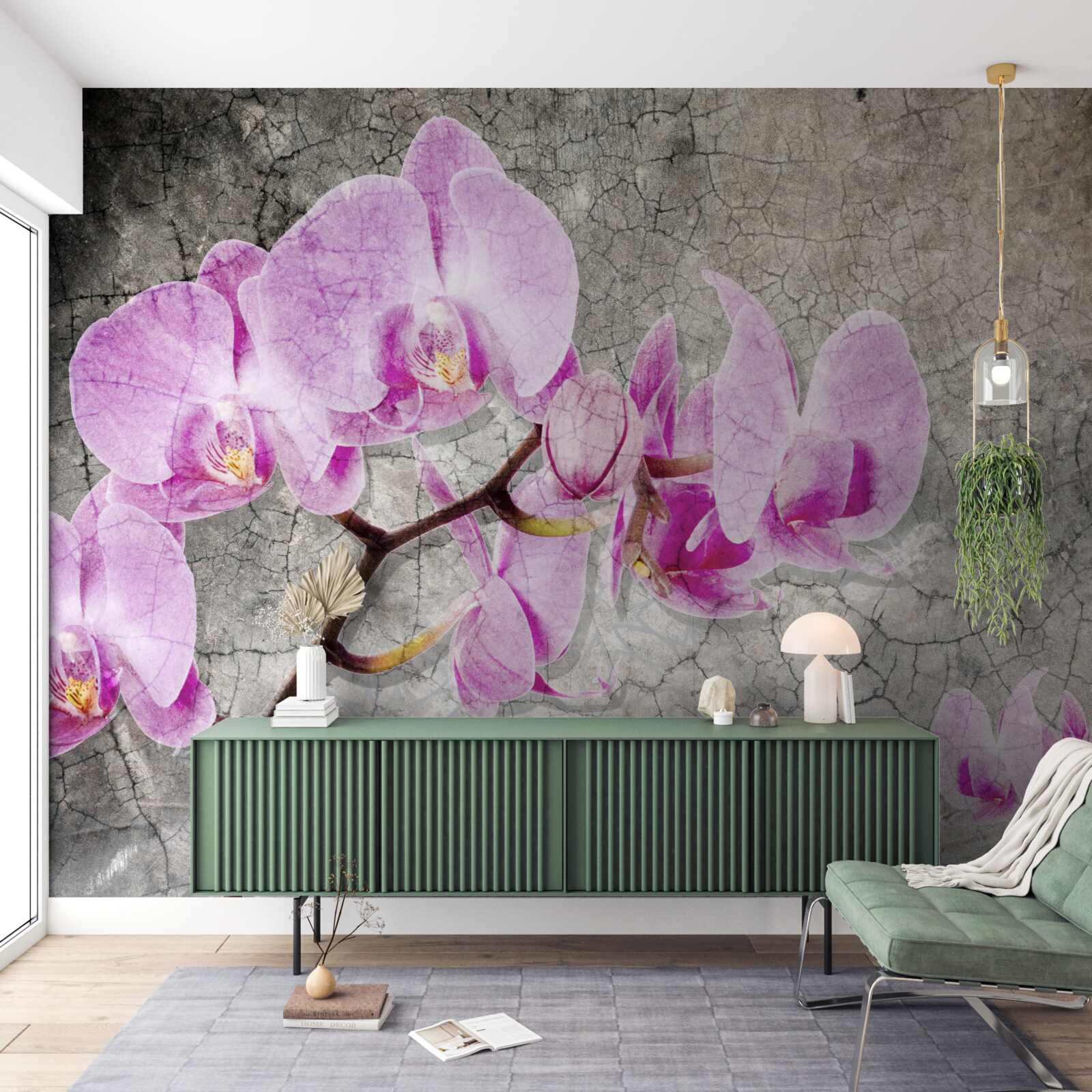 Fototapeta gałęzie orchidei w kolorze liliowym na szarym tle