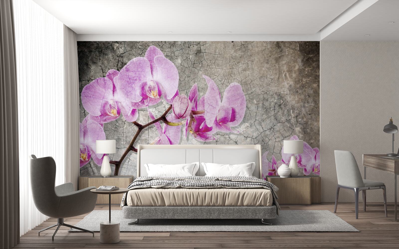 Fototapeta gałęzie orchidei w kolorze liliowym na szarym tle