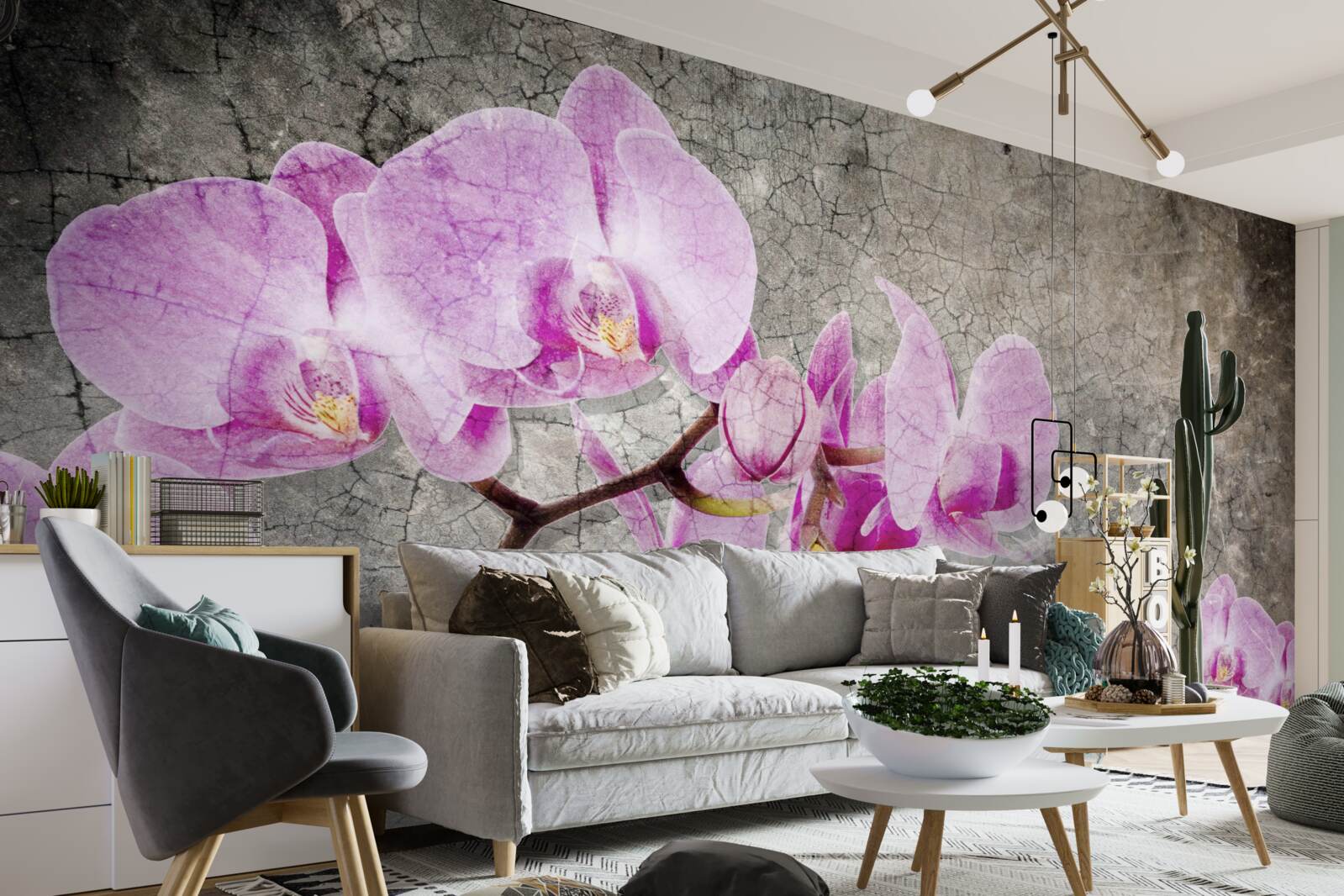 Fototapeta gałęzie orchidei w kolorze liliowym na szarym tle