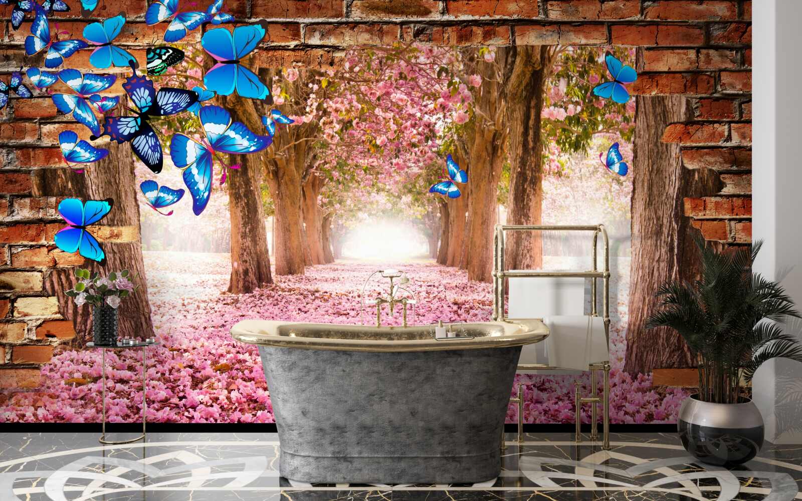 Fototapeta sakura przyciąga motyle swoimi kwiatami