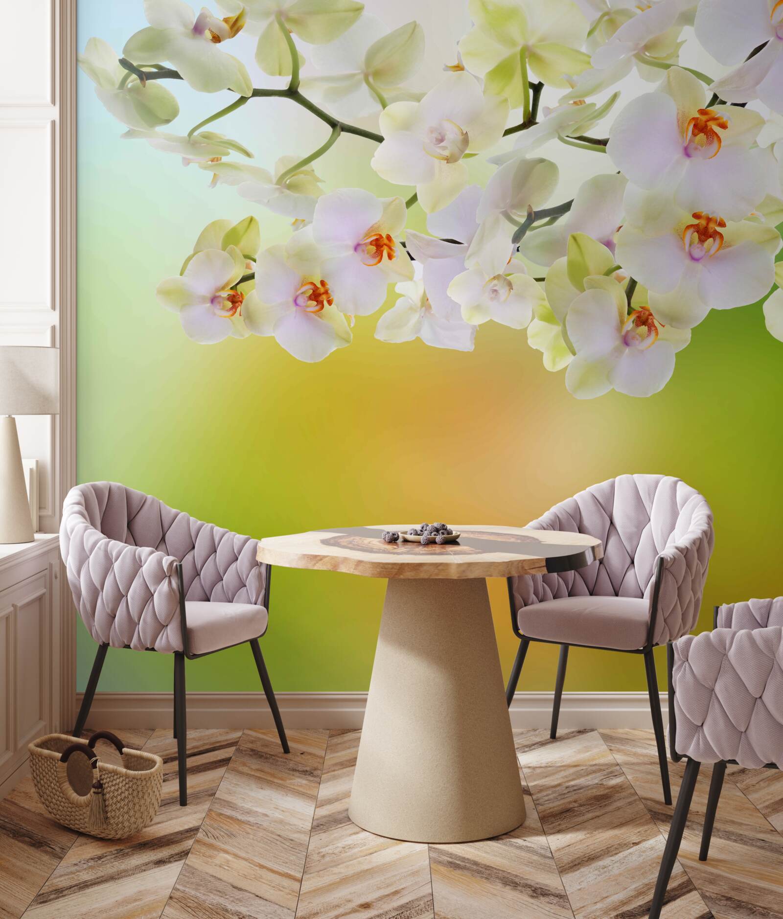 Fototapeta na gałęziach kwitną śnieżnobiałe pąki i orchidee
