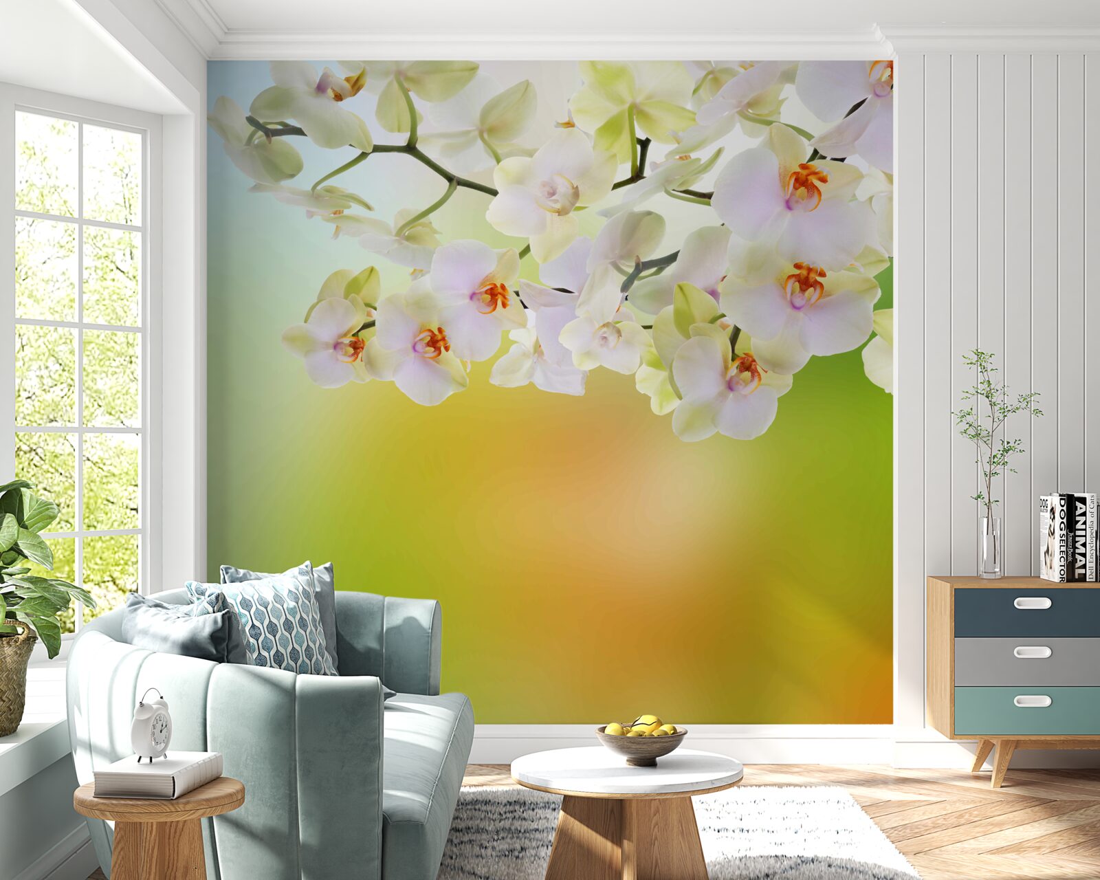 Fototapeta na gałęziach kwitną śnieżnobiałe pąki i orchidee