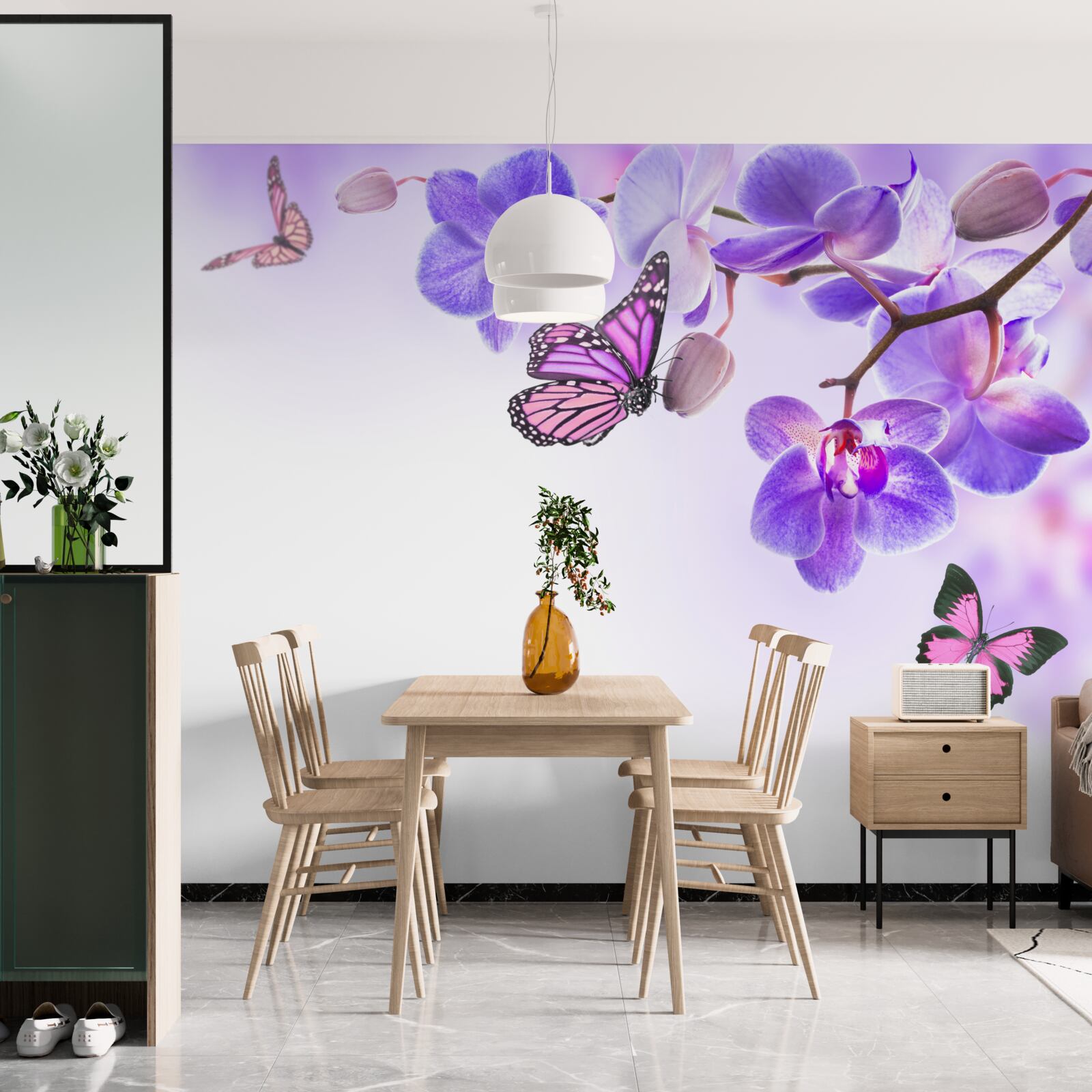 Fototapeta motyle unoszą się nad orchideami z fioletowo-niebieskimi płatkami