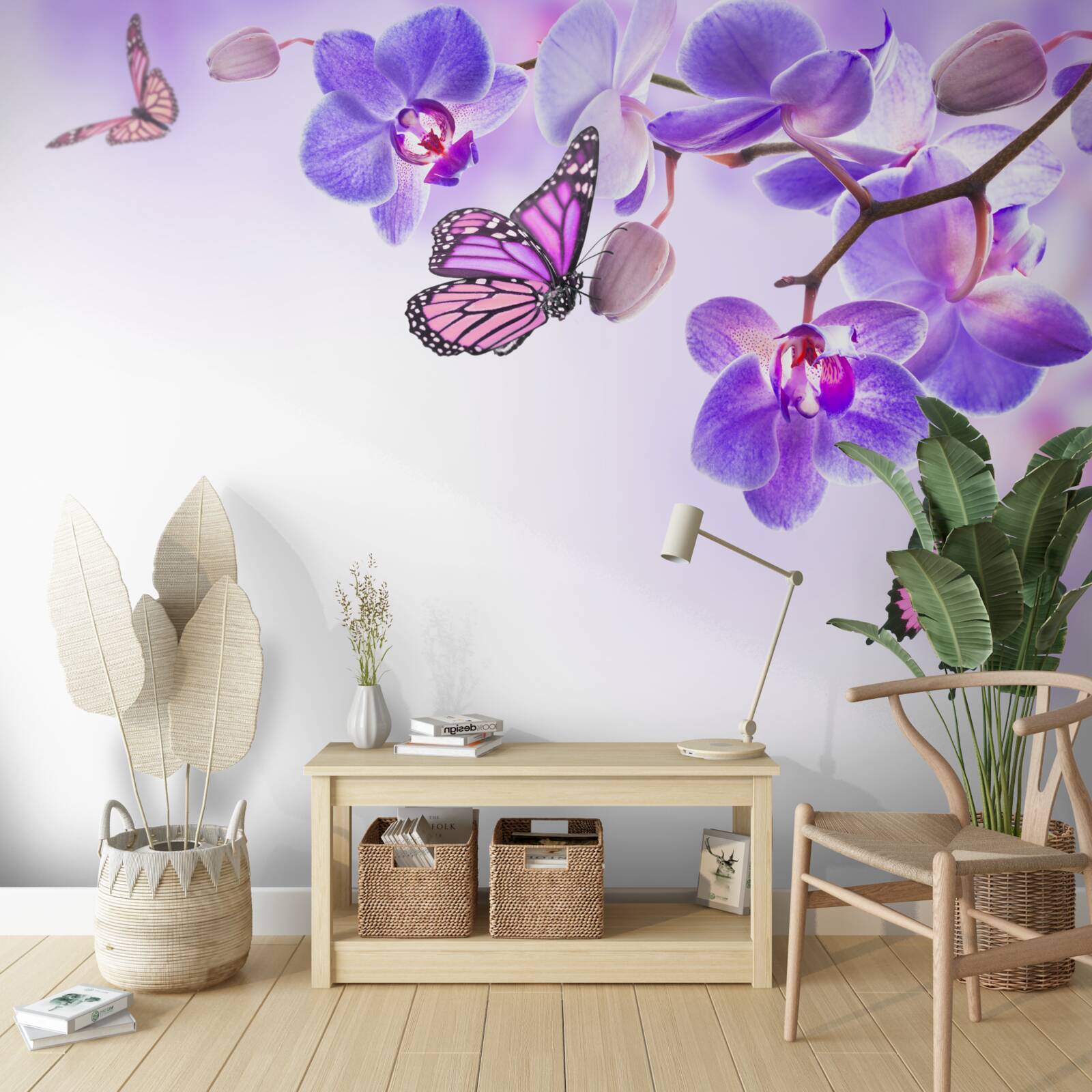 Fototapeta motyle unoszą się nad orchideami z fioletowo-niebieskimi płatkami