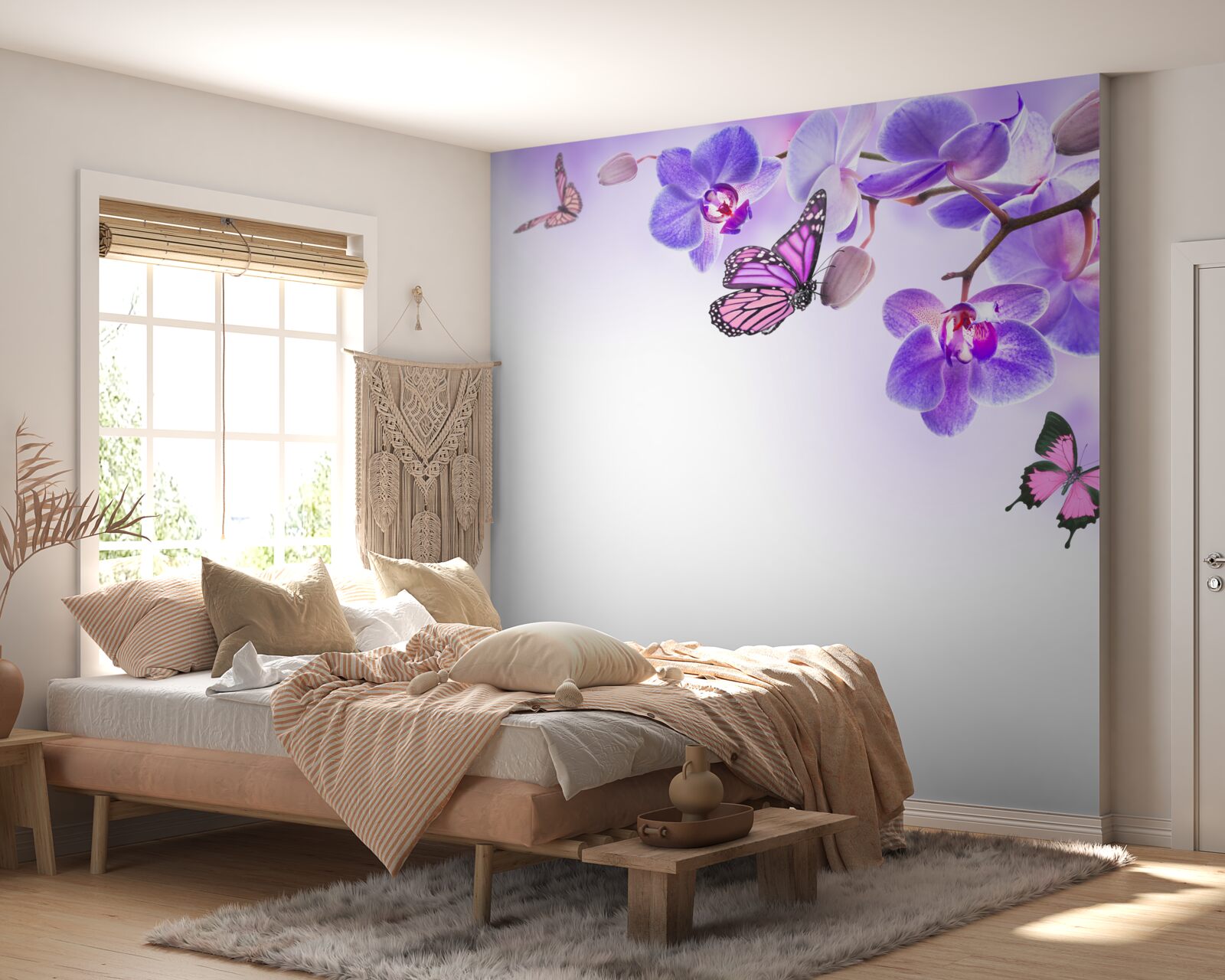 Fototapeta motyle unoszą się nad orchideami z fioletowo-niebieskimi płatkami