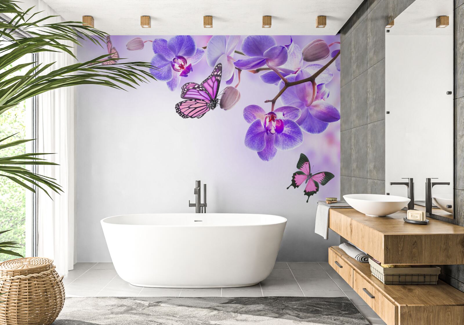 Fototapeta motyle unoszą się nad orchideami z fioletowo-niebieskimi płatkami
