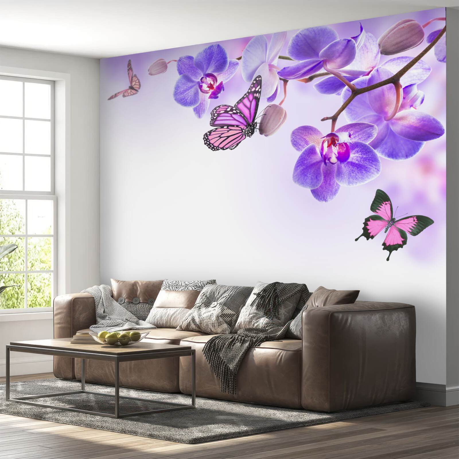 Fototapeta motyle unoszą się nad orchideami z fioletowo-niebieskimi płatkami