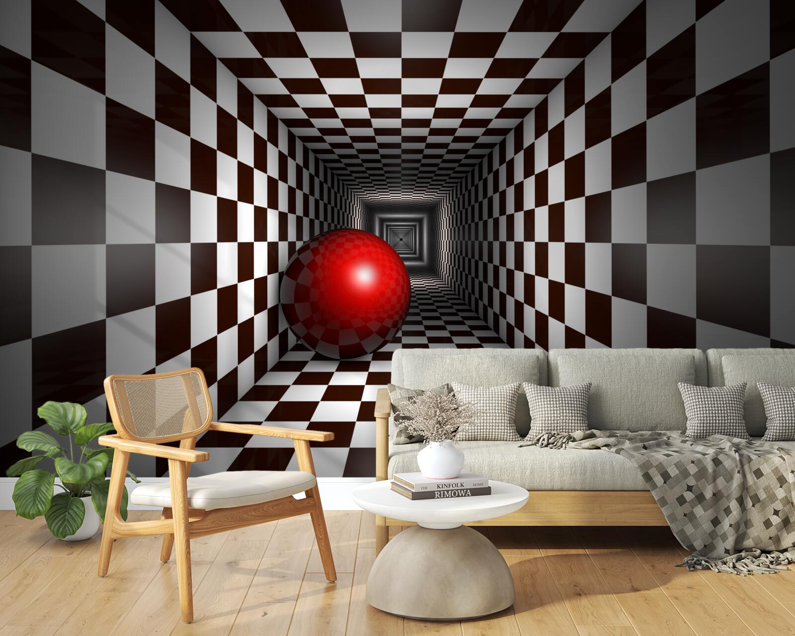 Fototapeta czerwona kula w korytarzu udekorowanym jak szachownica