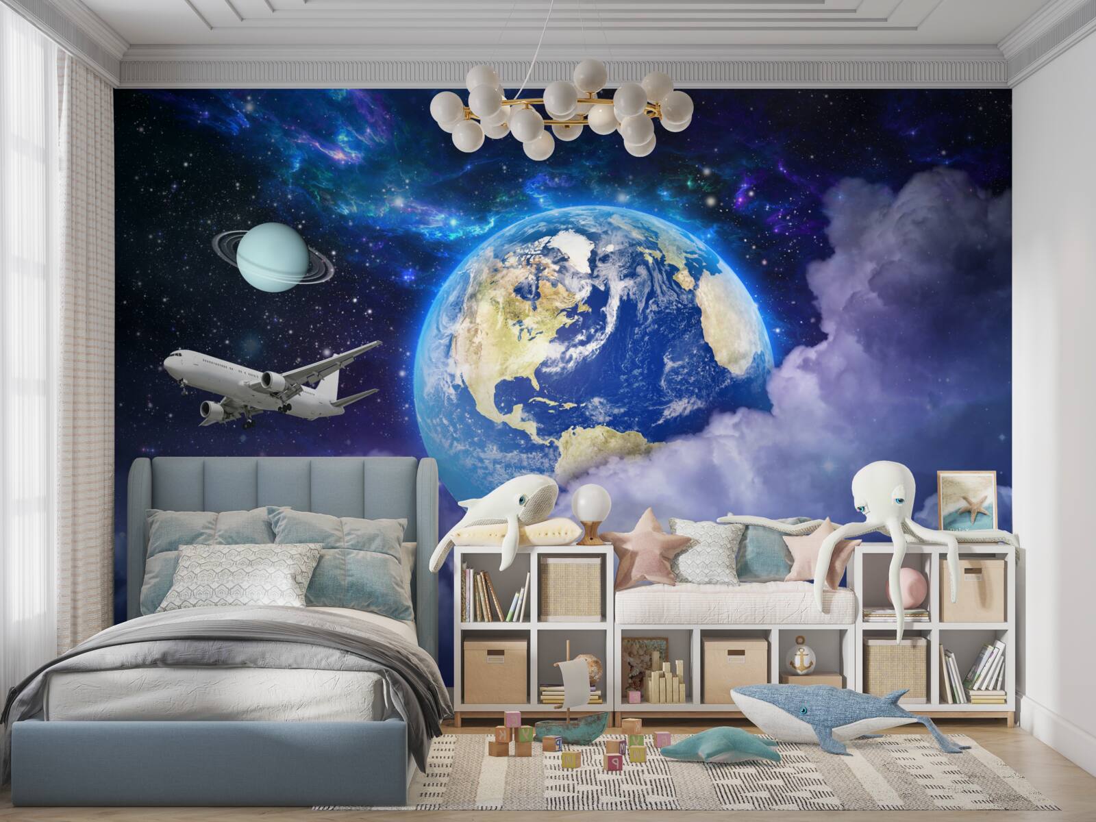 Fototapeta samolot i astronauta w przestrzeni kosmicznej