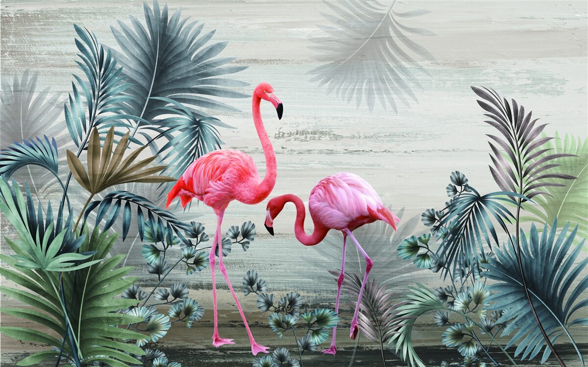 Fototapeta flamingi w różowych odcieniach wśród zielonych liści