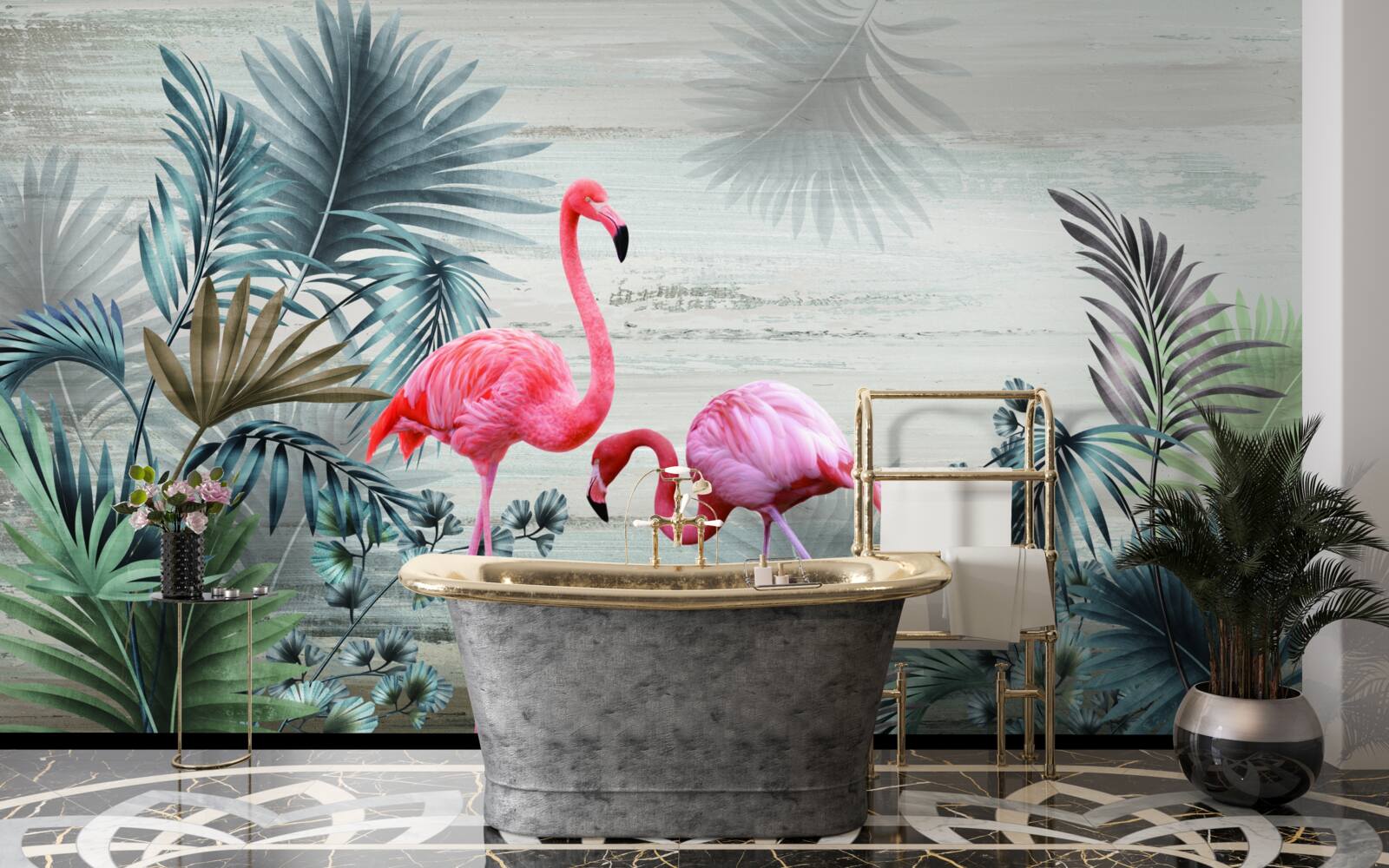 Fototapeta flamingi w różowych odcieniach wśród zielonych liści