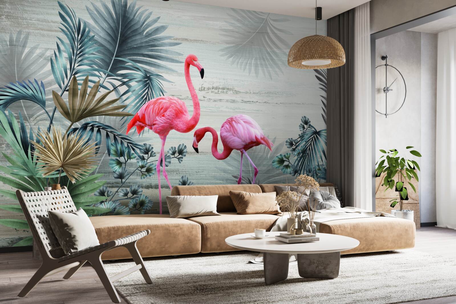 Fototapeta flamingi w różowych odcieniach wśród zielonych liści
