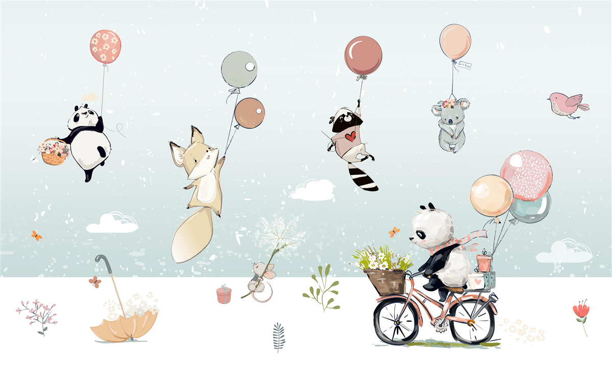 Fototapeta panda jeździ na rowerze, a zwierzęta trzymają balony