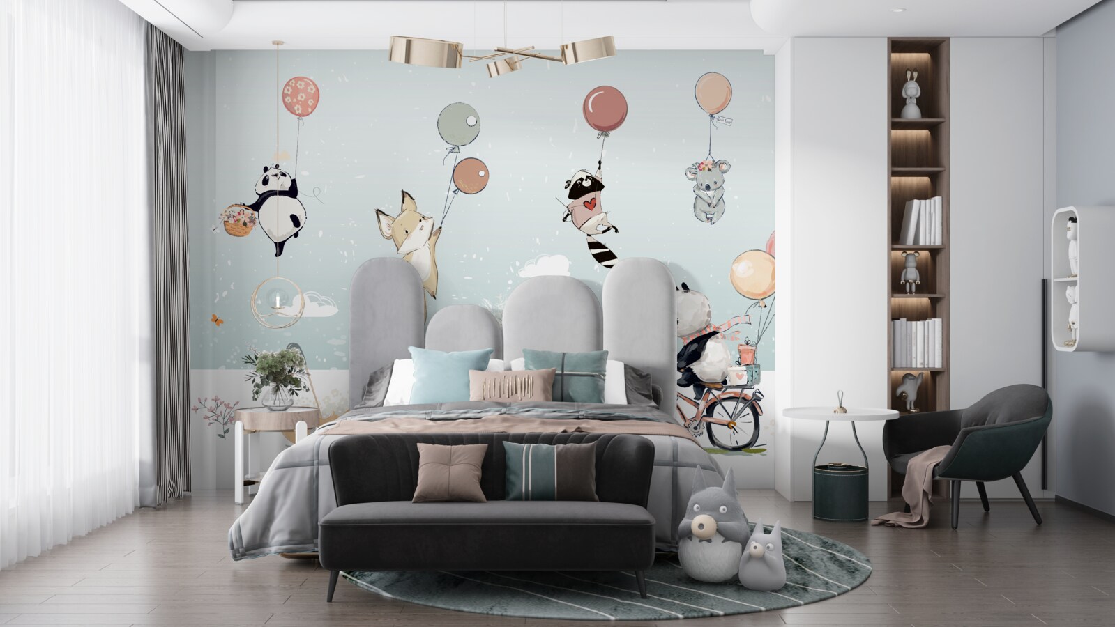 Fototapeta panda jeździ na rowerze, a zwierzęta trzymają balony