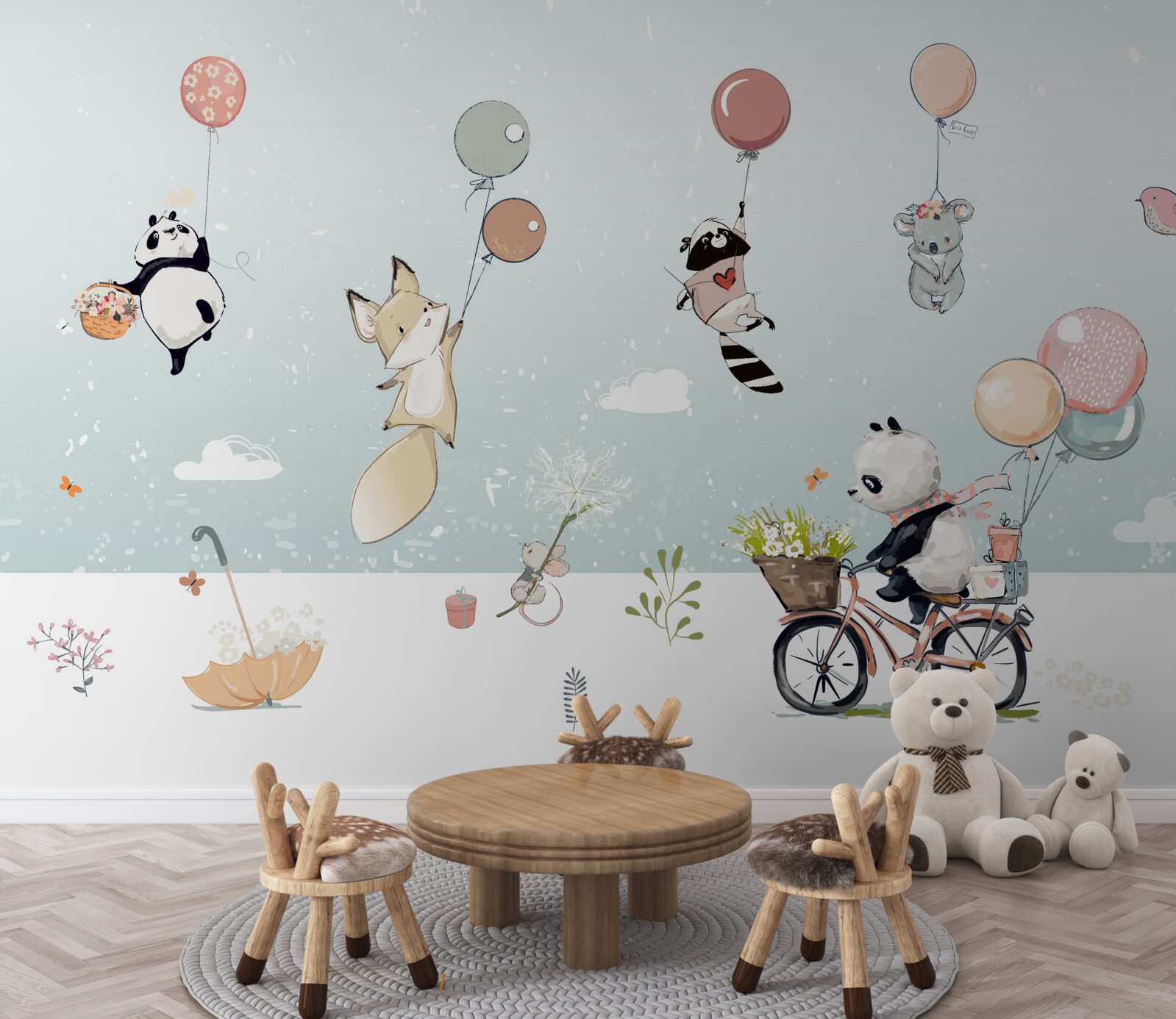 Fototapeta panda jeździ na rowerze, a zwierzęta trzymają balony