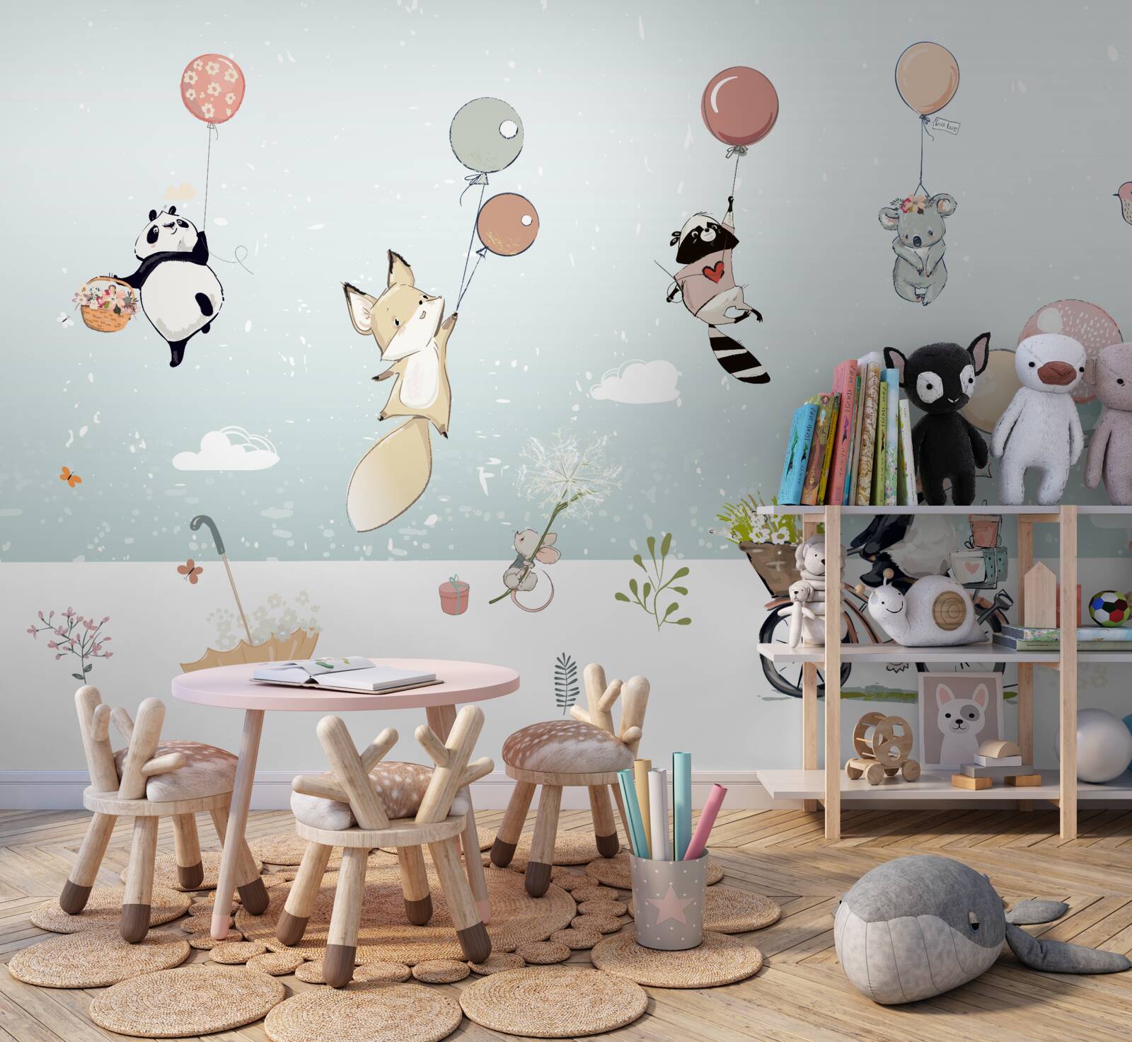 Fototapeta panda jeździ na rowerze, a zwierzęta trzymają balony