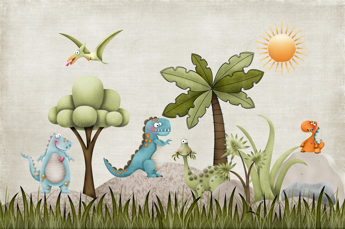Fototapeta zielony gaj z dinozaurami
