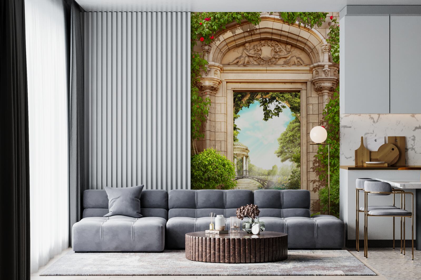 Fototapeta panorama altanki i jeziora z łabędziami, otwierająca się od łuku
