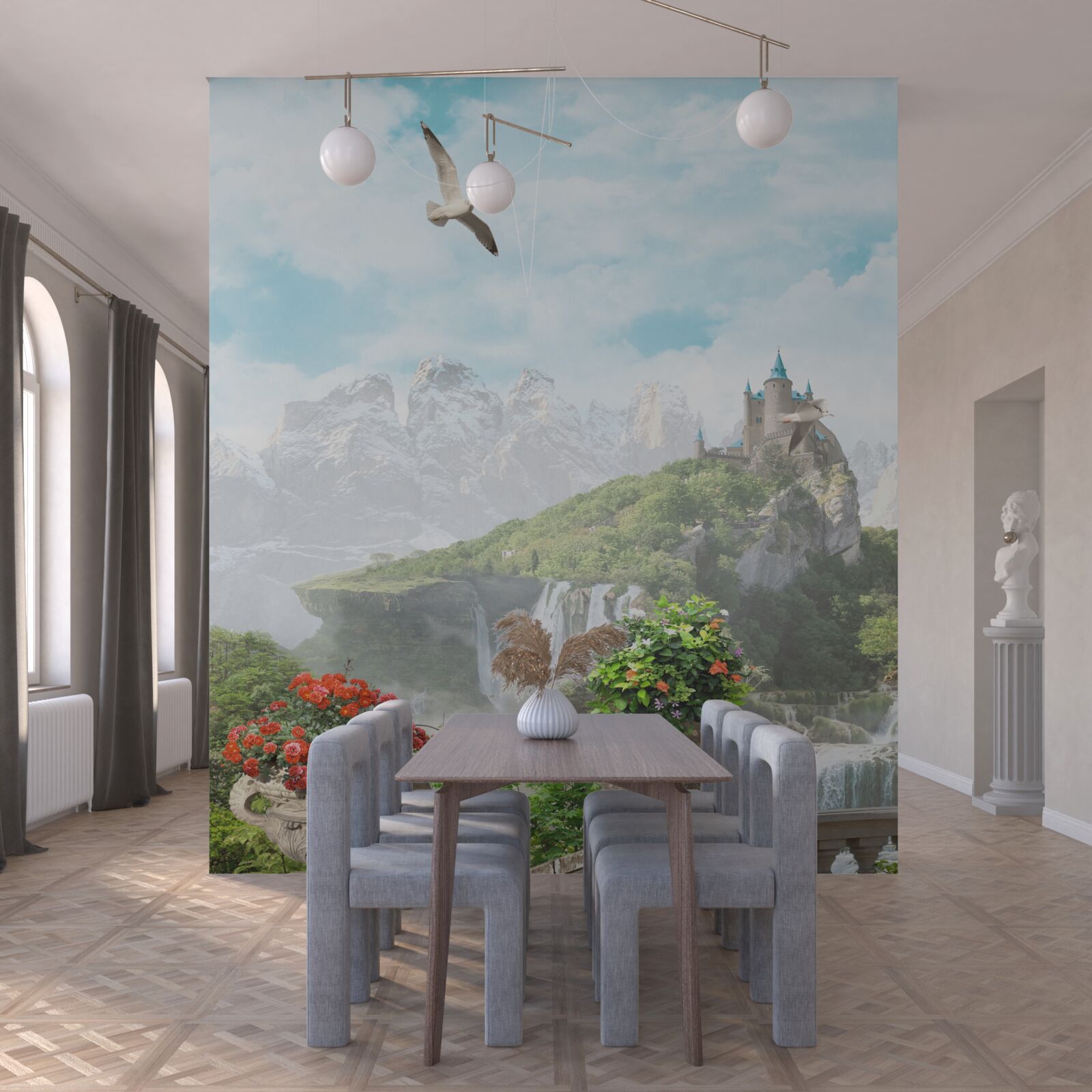 Fototapeta balkon z kwiatami z widokiem na wodospad i zamek