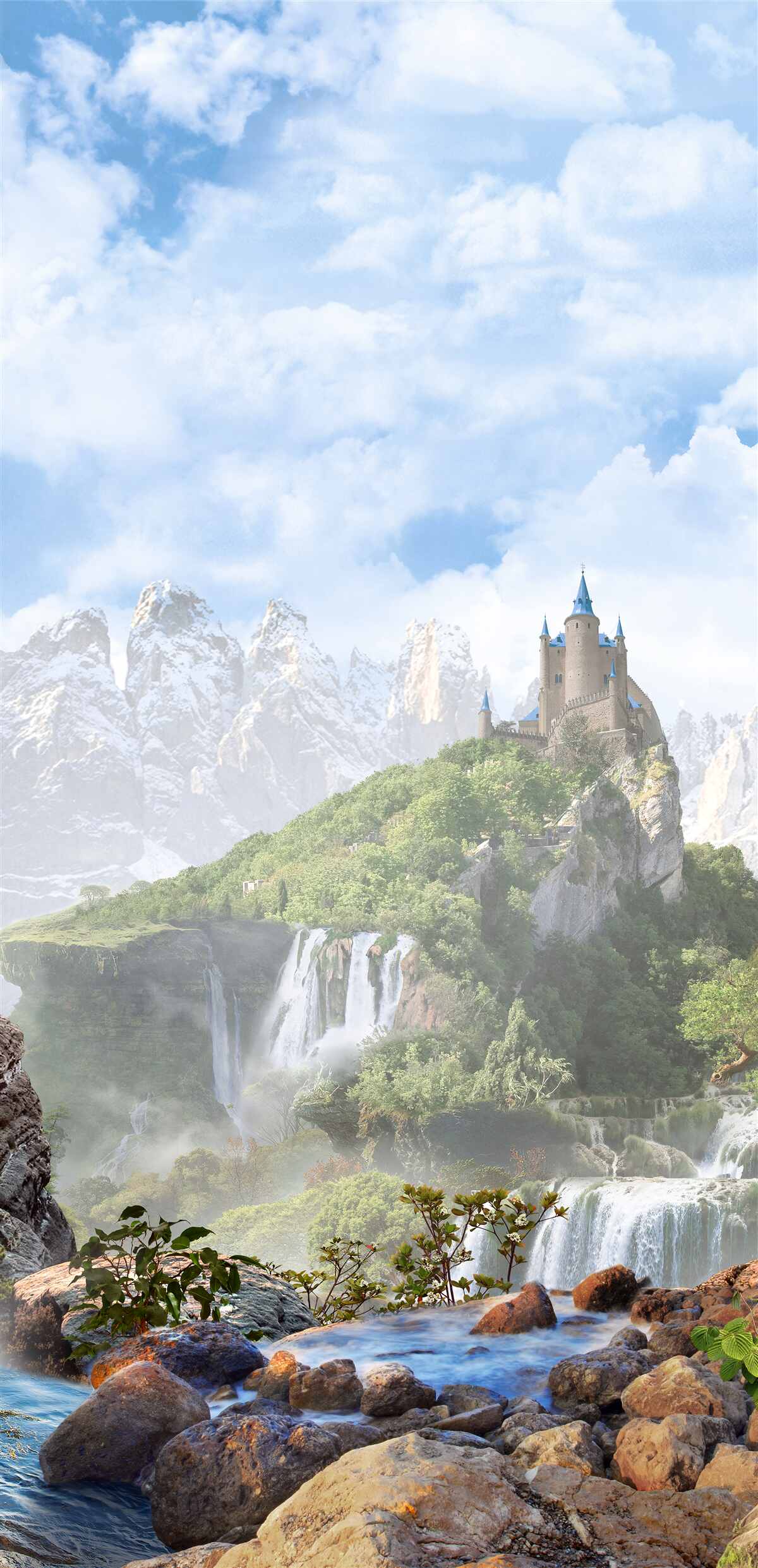 Fototapeta wodospady i zamek widoczny w oddali