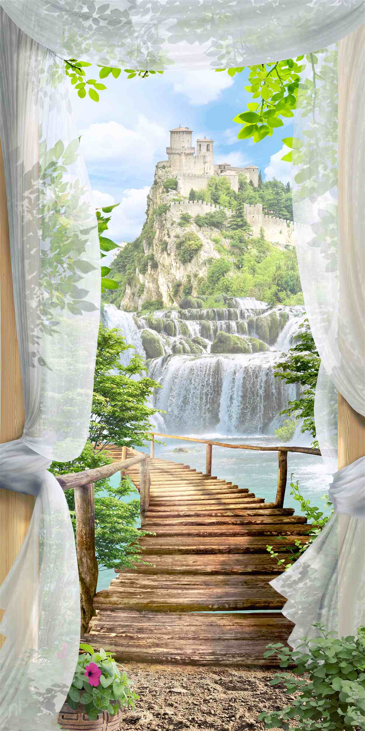 Fototapeta wodospad i twierdza