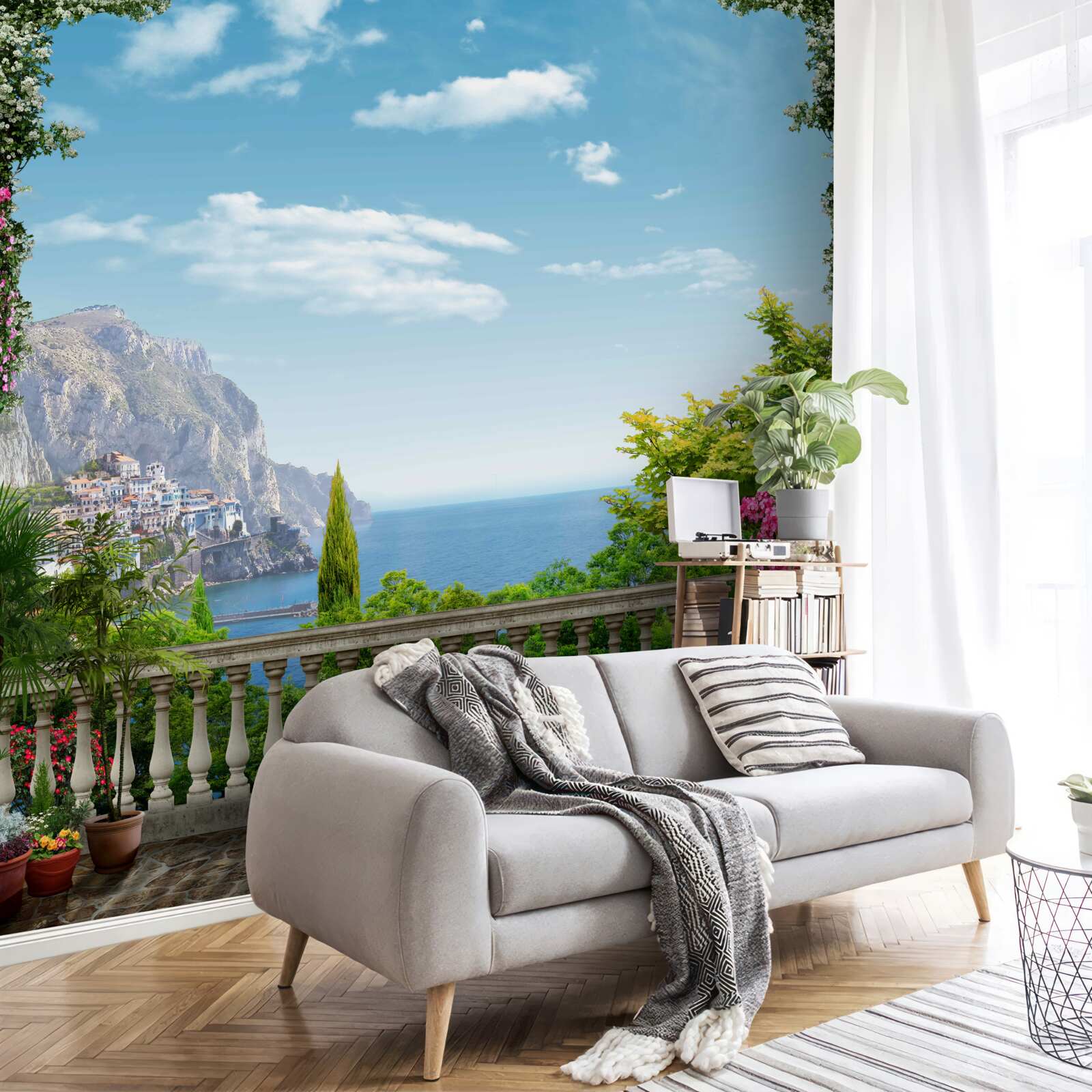 Fototapeta panorama z balkonu z widokiem na góry i morze
