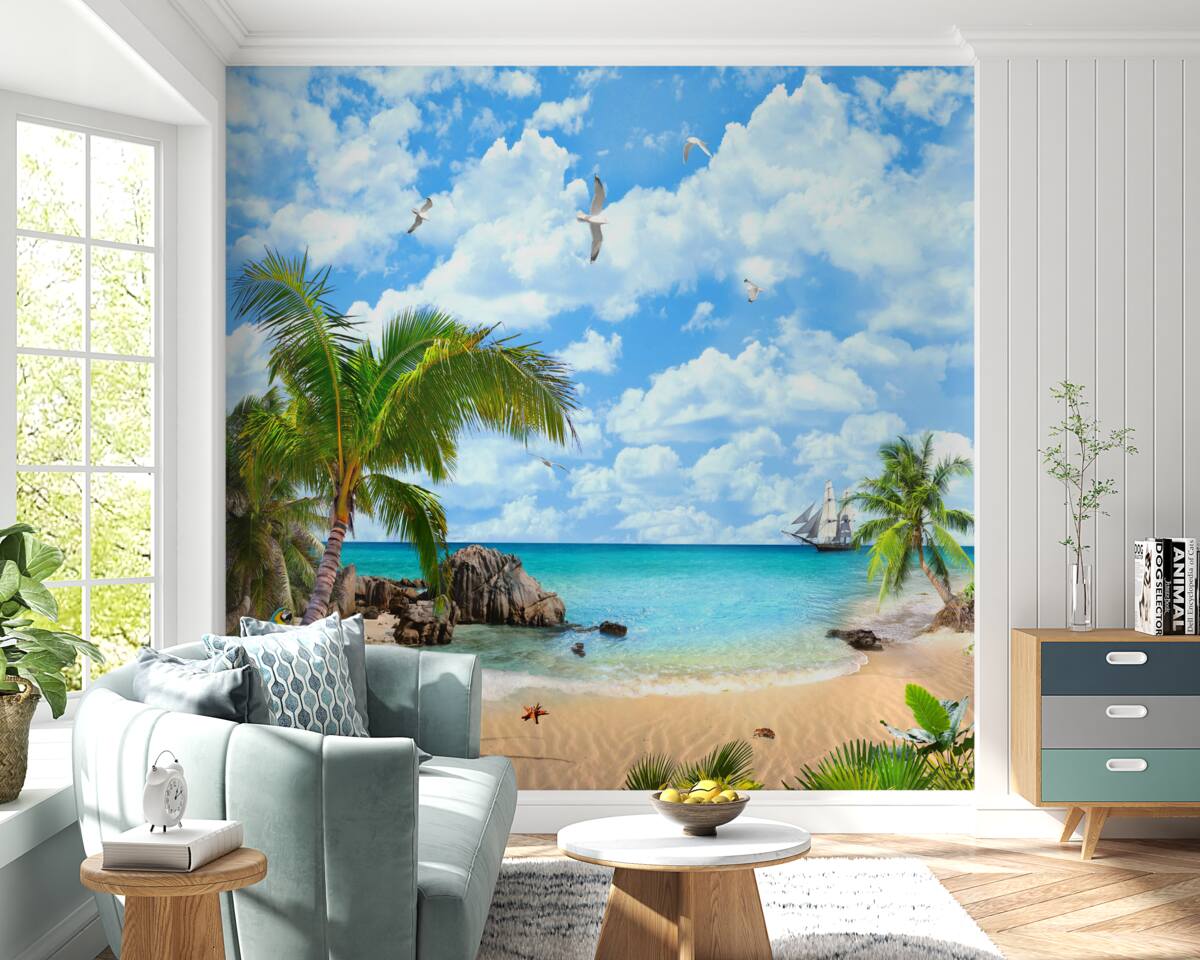 Fototapeta ocean, piaszczysty brzeg i palmy