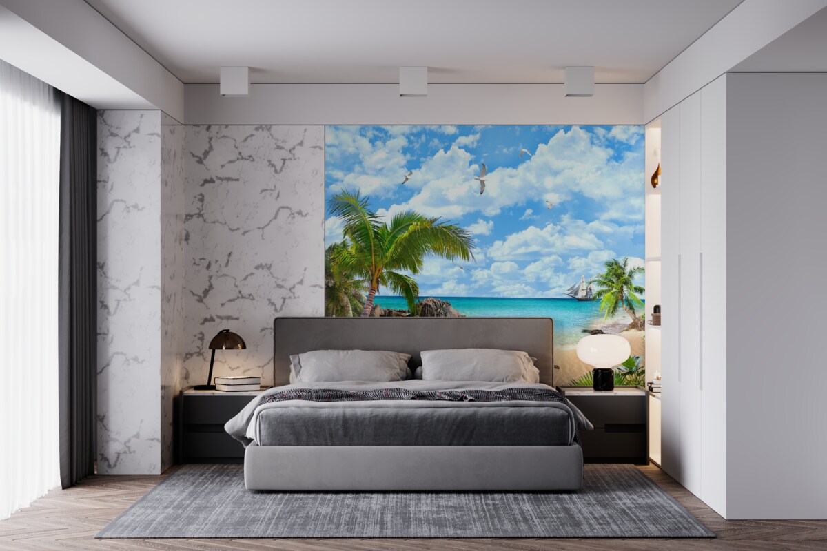 Fototapeta ocean, piaszczysty brzeg i palmy