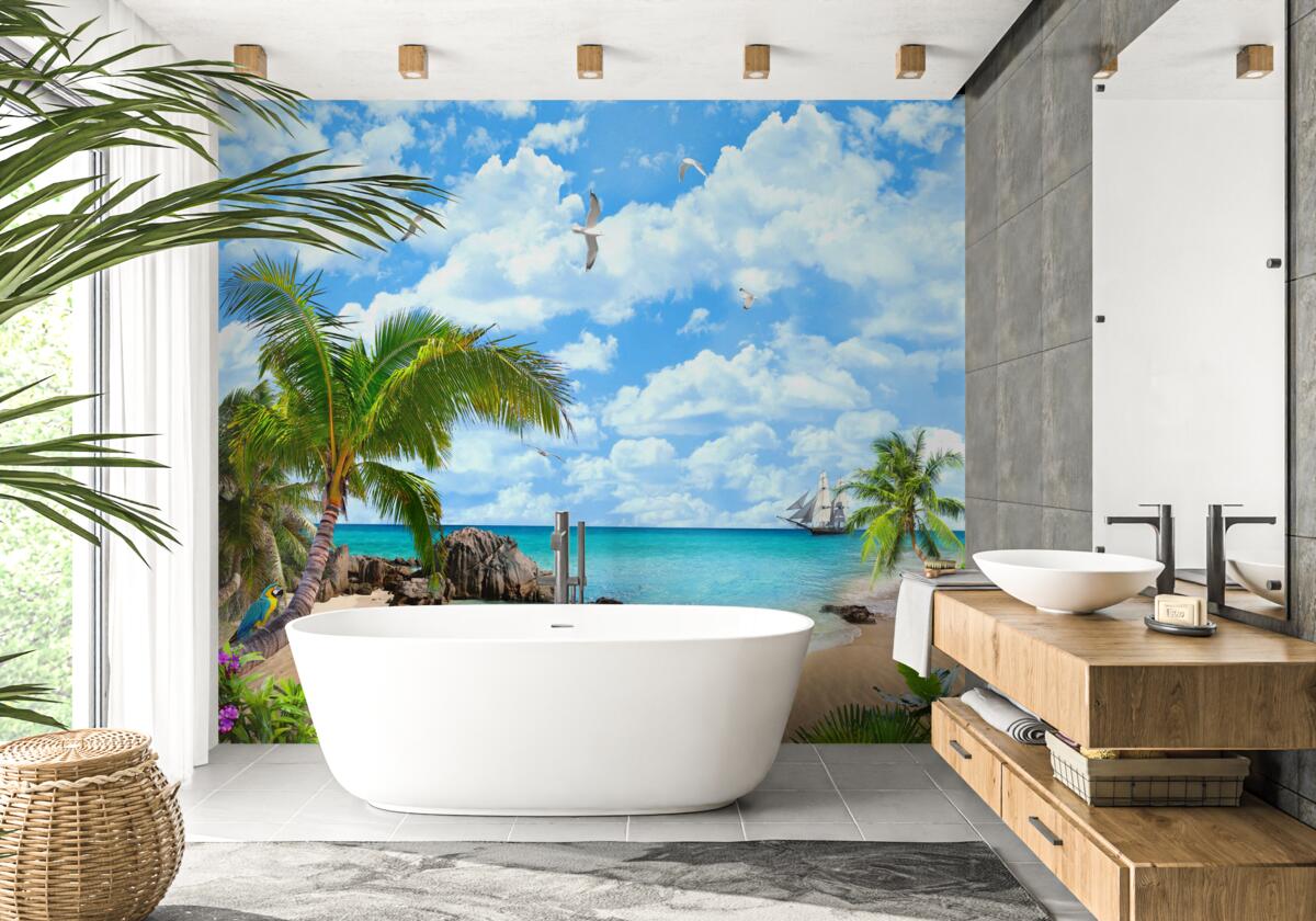 Fototapeta ocean, piaszczysty brzeg i palmy