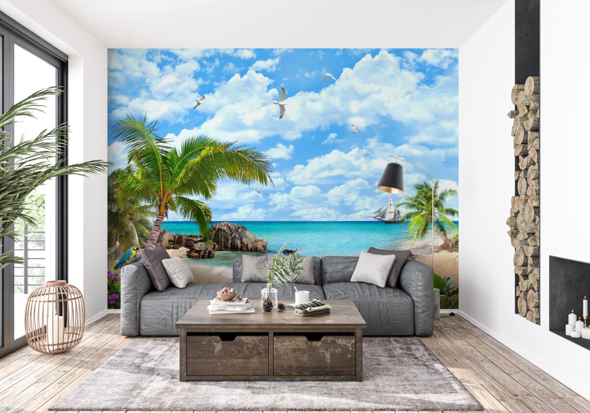 Fototapeta ocean, piaszczysty brzeg i palmy