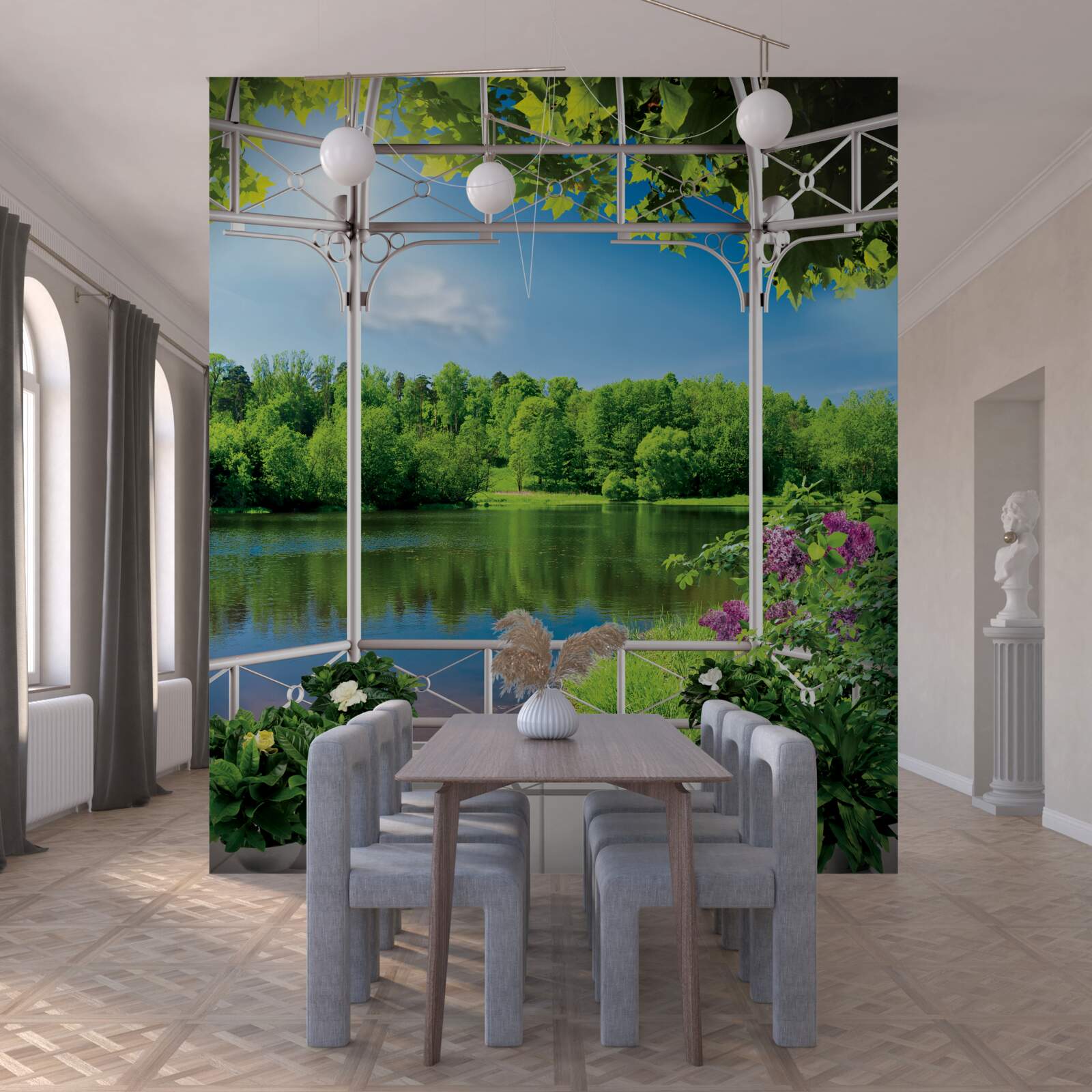 Fototapeta pawilon z roślinami nad stawem