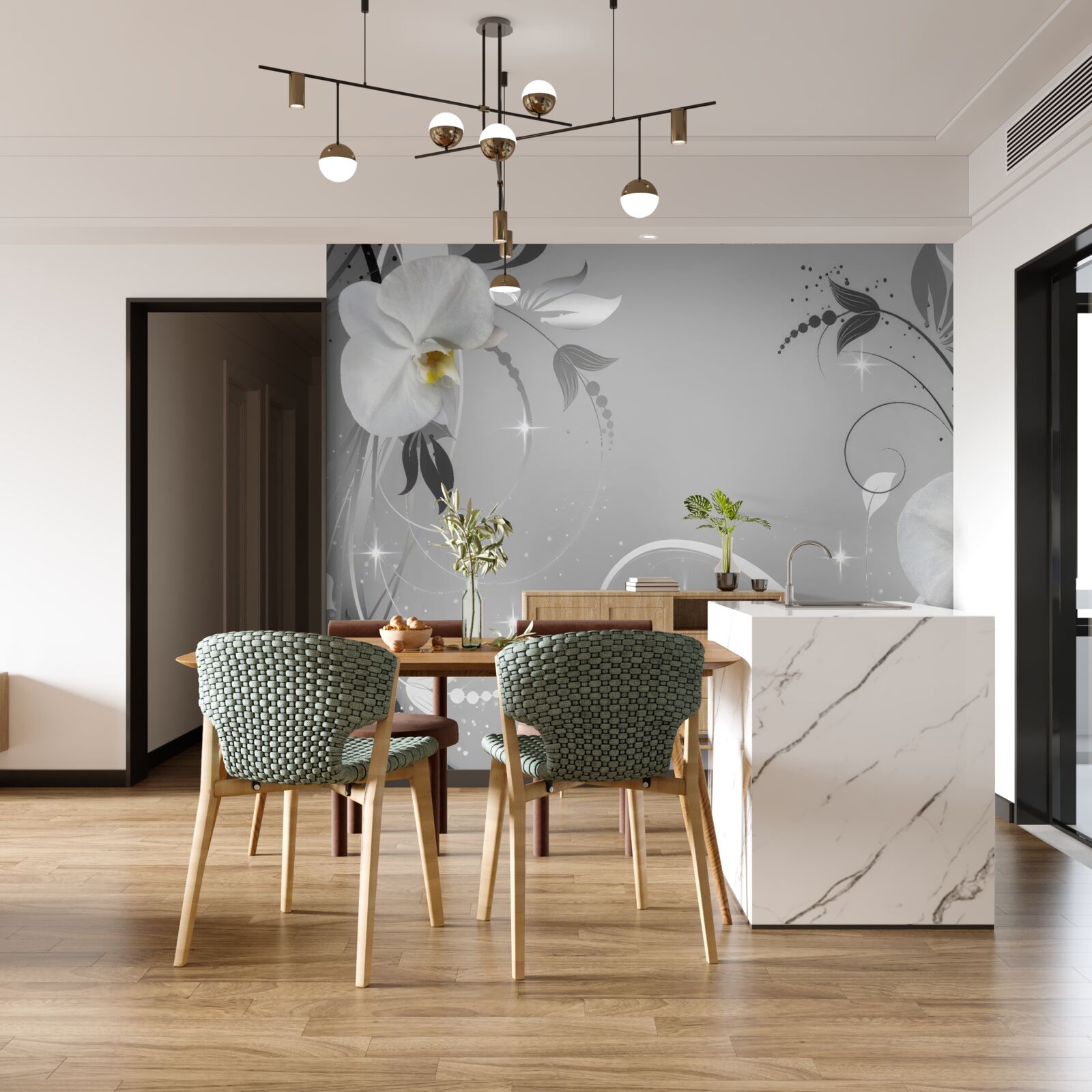 Fototapeta białe orchidee i szare liście
