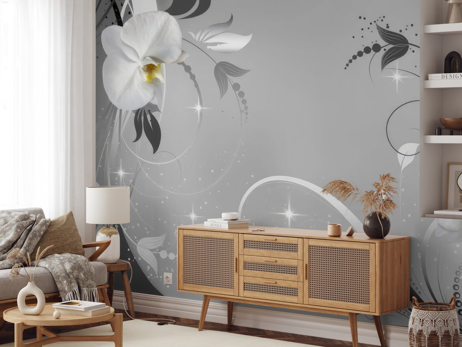 Fototapeta białe orchidee i szare liście