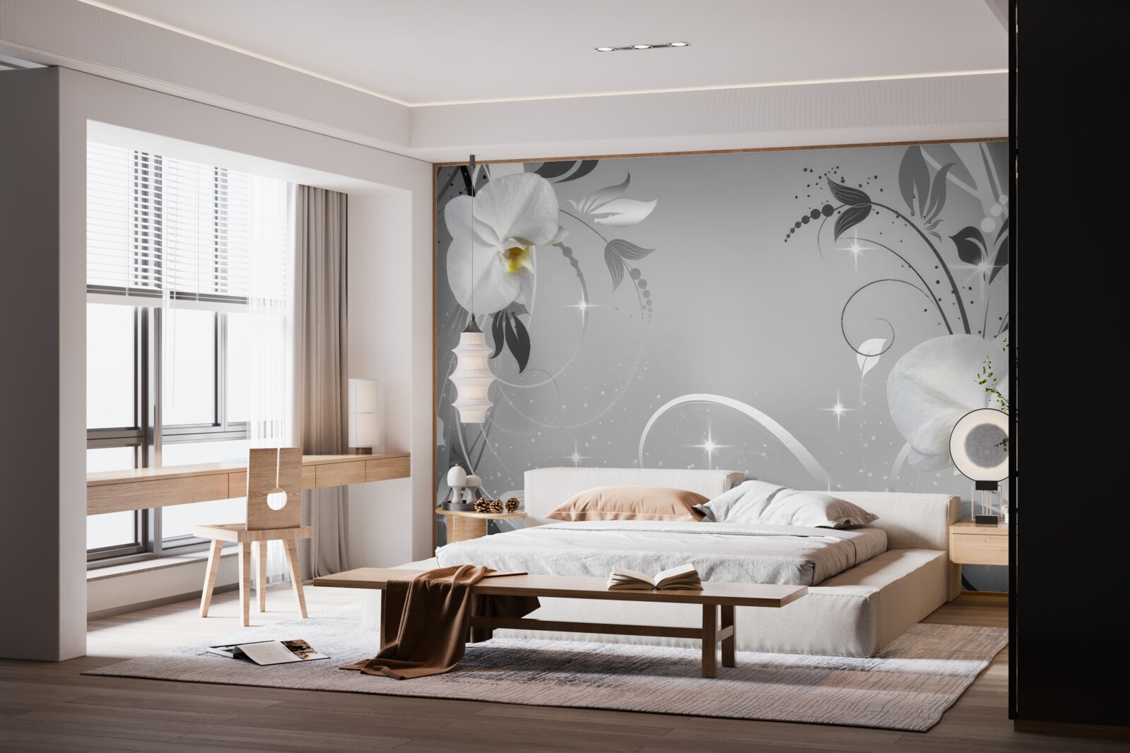 Fototapeta białe orchidee i szare liście