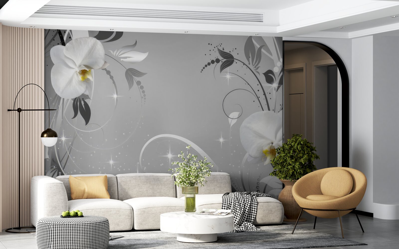 Fototapeta białe orchidee i szare liście