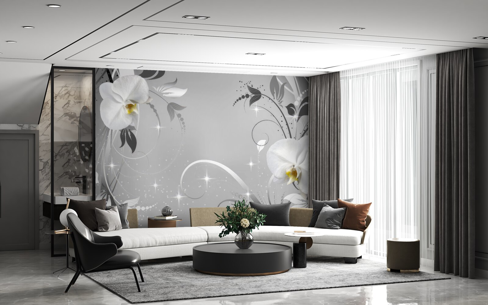 Fototapeta białe orchidee i szare liście
