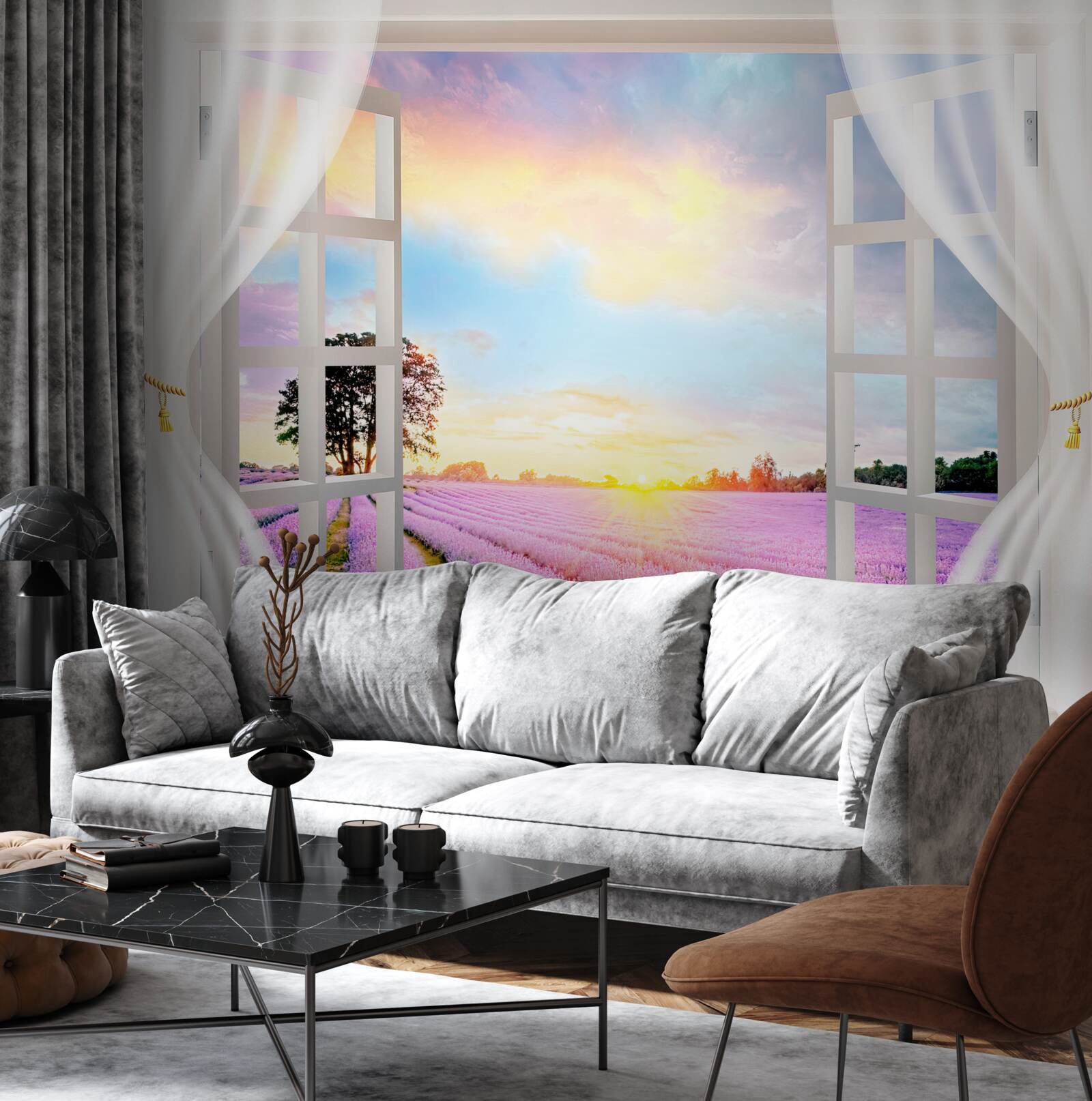 Fototapeta panorama pola lawendy z okna