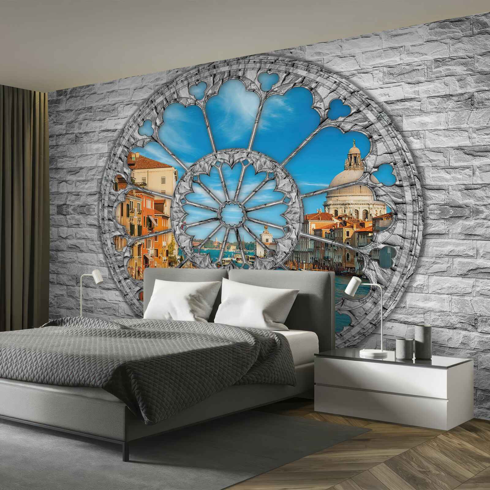 Fototapeta okno z panoramą rzeki i miasta